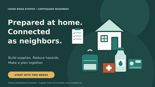 Original illustration of a home, water container, backpack, radio, first-aid kit and paper checklist. Build supplies, reduce hazards and make a plan together.