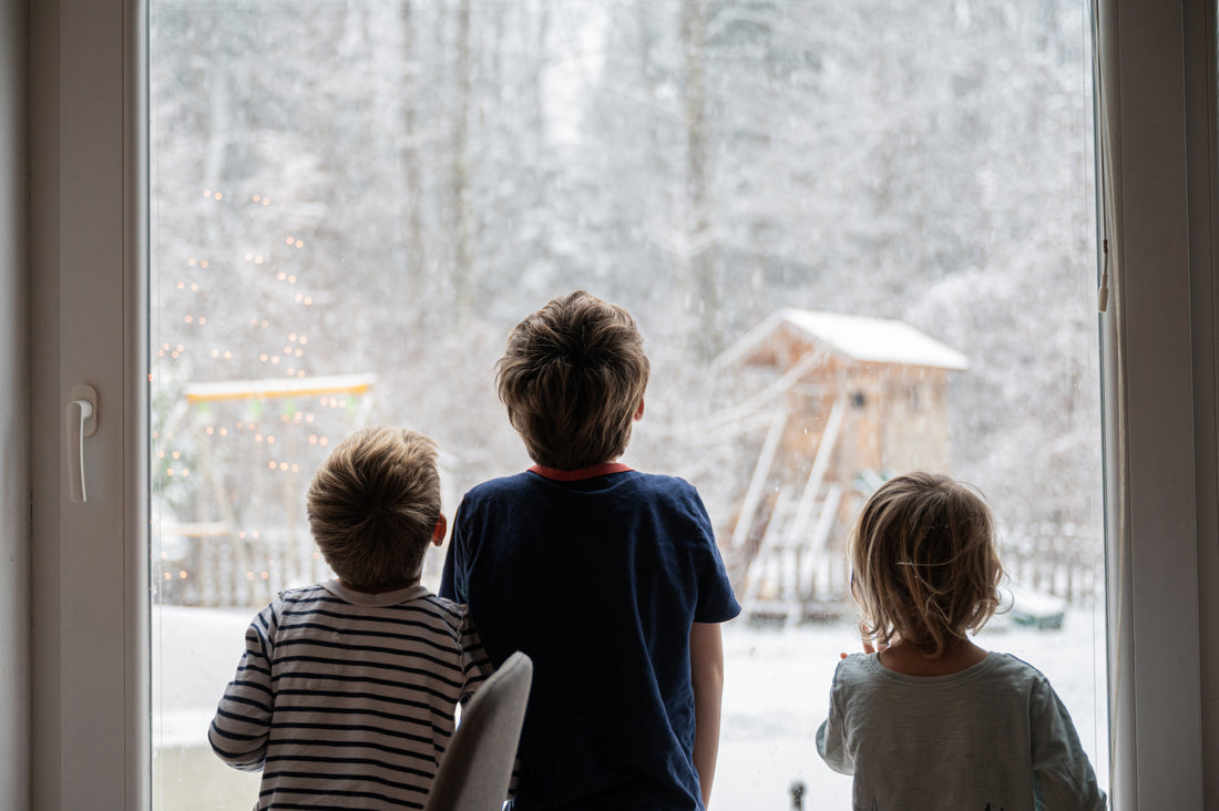 A family inside a warm Cedar Ridge Estates home in Mount Vernon, WA, smiles as they gaze out the window at the falling snow, exemplifying a cozy, well-prepared household during winter.