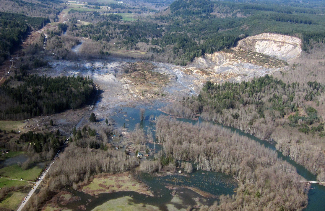 Aerial view of the March 2014 Oso landslide covering State Route 530 in Snohomish County, Washington.