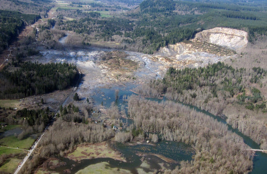Aerial view of the March 2014 Oso landslide covering State Route 530 in Snohomish County, Washington.