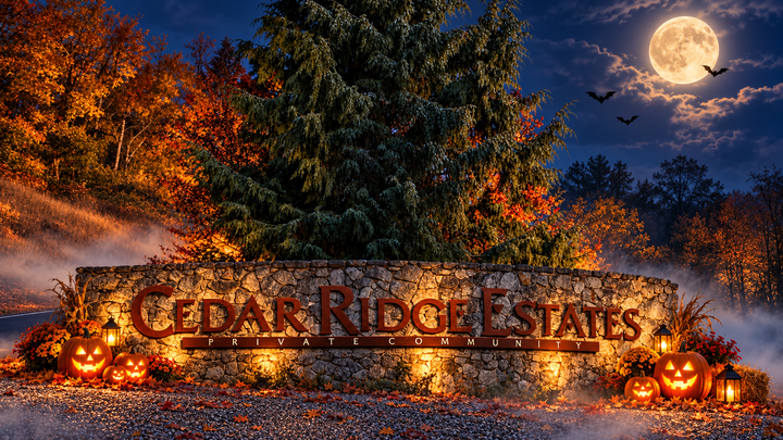 Cedar Ridge Estates' stone entrance sign beneath a full moon, surrounded by autumn leaves, glowing jack-o'-lanterns, bats and drifting mist.
