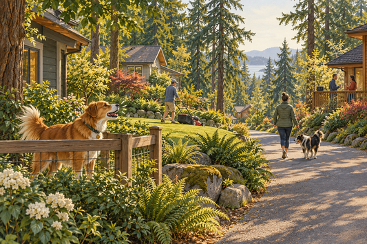 Editorial illustration of a barking dog, a lawn mower, a leashed dog walker and neighbors in a fictional wooded Pacific Northwest neighborhood